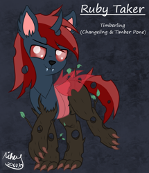 Size: 1817x2113 | Tagged: safe, artist:mihaynoms, derpibooru import, oc, oc:ruby taker, changeling, original species, timber pony, timber wolf, introduction, red changeling, timberling, unique species