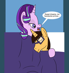 Size: 1280x1363 | Tagged: safe, artist:platinumdrop, derpibooru import, starlight glimmer, oc, oc:brandon, unicorn, canon x oc, request, shipping, sleeping, speech bubble