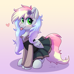 Size: 2480x2480 | Tagged: safe, artist:dandy, derpibooru import, oc, oc only, oc:blazey sketch, pegasus, pony, :p, blushing, chest fluff, clothes, ear fluff, ears, female, flower, flower in hair, gradient background, heart, looking at you, mare, multicolored hair, sitting, skirt, smiling, smiling at you, solo, tongue, tongue out, vest, wings