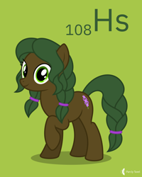 Size: 4000x5000 | Tagged: safe, artist:parclytaxel, derpibooru import, oc, oc only, oc:hyacinth, earth pony, pony, series:joycall6's periodic table, .svg available, absurd resolution, braid, braided tail, chemistry, commission, female, green background, hassium, looking at you, mare, periodic table, raised hoof, raised leg, simple background, smiling, solo, vector