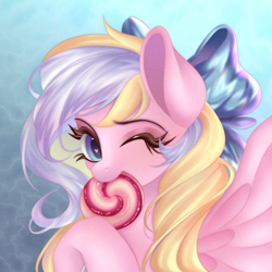 Size: 1800x1800 | Tagged: safe, artist:shimisen, derpibooru import, oc, oc only, oc:bay breeze, pegasus, pony, bow, candy, cute, female, food, hair bow, heart eyes, lollipop, looking at you, mare, ocbetes, one eye closed, pegasus oc, simple background, wingding eyes, wings, wink, winking at you