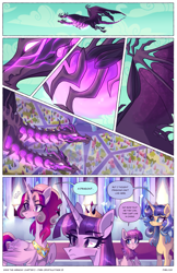 Size: 2301x3549 | Tagged: safe, artist:darlyjay, derpibooru import, princess cadance, twilight sparkle, twilight sparkle (alicorn), oc, oc:sterling sentry, alicorn, dragon, hydra, pegasus, pony, unicorn, comic:save the harmony, crown, female, jewelry, mare, multiple heads, offspring, parent:flash sentry, parent:twilight sparkle, parents:flashlight, regalia, sisters-in-law, wyvern