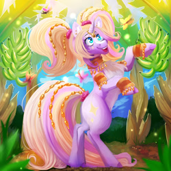 Size: 1280x1280 | Tagged: safe, artist:spazzyhippie, derpibooru import, oc, oc only, pony, unicorn, banana, bracelet, circlet, female, food, genie, jewelry, mare, necklace, pigtails, rearing, smiling, solo, twintails