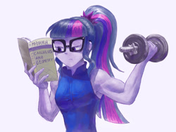 Size: 1024x768 | Tagged: safe, artist:raikoh, derpibooru import, sci-twi, twilight sparkle, equestria girls, book, clothes, glasses, muscles, ponytail, reading, shirt, sleeveless, sleeveless shirt, solo, that girl sure does love books, that pony sure does love books, twilight muscle, weight lifting