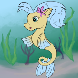 Size: 1300x1300 | Tagged: safe, artist:apatheticxaddict, derpibooru import, princess skystar, sea pony, g1, my little pony: the movie, female, flower, flower in hair, freckles, g4 to g1, generation leap, mare, solo, style emulation, underwater