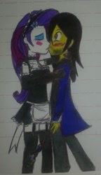 Size: 382x664 | Tagged: safe, artist:karadeg, derpibooru exclusive, derpibooru import, rarity, oc, oc:karadeg, equestria girls, clothes, doctor who, kissing, maid, shipping, sonic screwdriver, surprise kiss