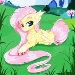 Size: 2500x2500 | Tagged: safe, artist:rurihal, derpibooru import, fluttershy, pegasus, pony, chest fluff, ear fluff, ears, female, grass, looking at you, lying down, mare, prone, tree