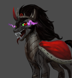 Size: 4121x4453 | Tagged: safe, artist:misstwipietwins, derpibooru import, king sombra, pony, unicorn, cape, clothes, colored horn, curved horn, fangs, glowing eyes, gray background, horn, male, open mouth, simple background, slit eyes, smiling, solo, sombra eyes, sombra horn, stallion, teeth, tongue, tongue out