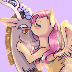 Size: 2048x2048 | Tagged: safe, artist:troublesomeowo, derpibooru import, discord, fluttershy, draconequus, pegasus, pony, blushing, bust, discoshy, ears, eyes closed, female, floppy ears, forehead kiss, high res, kissing, lens flare, male, mare, shipping, smiling, spread wings, straight, wings