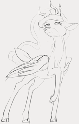 Size: 674x1053 | Tagged: safe, artist:dotkwa, derpibooru import, princess celestia, deer, deer pony, original species, peryton, deerified, doe, female, gray background, grayscale, monochrome, simple background, solo, species swap