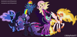 Size: 1280x627 | Tagged: safe, artist:angellight-bases, artist:arcticwindsbases, artist:intfighter, artist:kittypaintyt, artist:pegasister64, artist:polymercorgi, derpibooru import, daybreaker, evil pie hater dash, fluttershy, midnight sparkle, nightmare moon, nightmare rarity, rainbow dash, twilight sparkle, alicorn, bat pony, pegasus, pony, unicorn, equestria girls, secrets and pies, base used, bat ponified, crown, equestria girls ponified, evil grin, female, flutterbat, flying, grin, jewelry, looking at you, mane of fire, mare, ponified, purple background, race swap, regalia, simple background, smiling, spread wings, wings