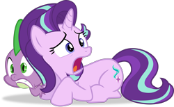 Size: 4872x3000 | Tagged: safe, artist:frownfactory, derpibooru import, spike, starlight glimmer, dragon, pony, unicorn, the crystalling, cowering, duo, female, horn, male, mare, open mouth, simple background, transparent background, vector