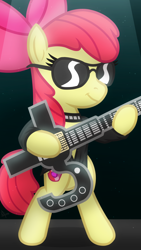 Size: 1080x1920 | Tagged: safe, artist:whitequartztheartist, derpibooru import, apple bloom, earth pony, pony, bipedal, blue oyster cult, clothes, cosplay, costume, eric bloom, female, filly, glasses, guitar, musical instrument, solo