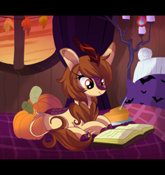 Size: 3208x3400 | Tagged: safe, artist:spookyle, derpibooru import, oc, oc only, oc:pumpkin spell, kirin, book, female, kirin oc, lying down, pie, prone, pumpkin, pumpkin pie, solo