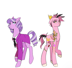 Size: 1582x1509 | Tagged: safe, artist:aztrial, derpibooru import, diamond tiara, discord, oc, oc:coronet, earth pony, clothes, crown, dyed mane, dyed tail, eyeshadow, half-siblings, half-sisters, headcanon in the description, jacket, jewelry, makeup, mohawk, necktie, nose piercing, nose ring, older, older diamond tiara, piercing, regalia, shirt, story included, suit, tattoo, twilight's cutie mark, unshorn fetlocks