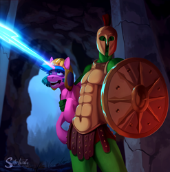 Size: 1780x1800 | Tagged: safe, artist:silentwulv, derpibooru import, oc, oc only, oc:anon, oc:lily glamerspear, human, pony, fanfic:everyday life with guardsmares, armor, blast, fanfic art, female, guardsmare, holding a pony, magic, magic blast, mare, royal guard