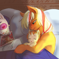 Size: 2048x2048 | Tagged: safe, artist:aztrial, derpibooru import, applejack, rarity, oc, oc:southern belle, earth pony, pony, unicorn, baby, baby pony, bed, blanket, cute, drool, family, female, foal, lesbian, magazine, magical lesbian spawn, majestic as fuck, morning ponies, offspring, parent:applejack, parent:rarity, parents:rarijack, rarijack, shipping, sleep mask, sleeping, wholesome