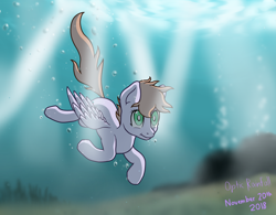 Size: 2700x2104 | Tagged: safe, artist:optic-rainfall, derpibooru import, oc, oc only, pegasus, pony, brown mane, bubble, crepuscular rays, feather, flowing tail, green eyes, rock, seaweed, signature, smiling, solo, sunlight, swimming, underwater, water, wings