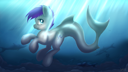Size: 3265x1837 | Tagged: safe, artist:imshysoihide, derpibooru import, oc, oc only, original species, shark, shark pony, blue eyes, crepuscular rays, dorsal fin, fish tail, flowing tail, purple mane, signature, smiling, solo, sunlight, swimming, tail, underwater, water