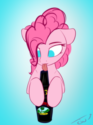 Size: 1362x1833 | Tagged: safe, artist:colourwave, derpibooru import, pinkie pie, earth pony, pony, alcohol, bailey's irish cream, bust, drunk, ears, female, floppy ears, go home you're drunk, licking, simple background, solo, tongue, tongue out