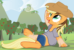 Size: 1108x751 | Tagged: safe, artist:anonymous, applejack, earth pony, pony, applejack's hat, clothes, cowboy hat, female, freckles, fusing fingers, happy, hat, human to pony, mare, on back, open mouth, open smile, shirt, shorts, show accurate, smiling, solo, species swap, sweet apple acres, transformation, transgender transformation