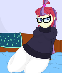 Size: 5737x6800 | Tagged: safe, artist:dtavs.exe, moondancer, equestria girls, bed, chubby, equestria girls-ified, glasses, implied sunburst, implied sundancer, lip bite, looking at you, show accurate, sunburst's robe