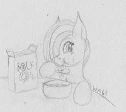 Size: 1604x1424 | Tagged: safe, artist:wapamario63, marble pie, earth pony, pony, bowl, box, cereal, cereal box, cute, eating, female, marblebetes, mare, monochrome, puffy cheeks, sketch, solo, spoon, table, traditional art
