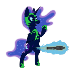 Size: 2137x2073 | Tagged: safe, artist:wapamario63, nightmare moon, alicorn, pony, armor, bipedal, fangs, female, helmet, mare, regalia, rocket, simple background, solo, transparent background