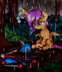 Size: 2115x2455 | Tagged: safe, artist:liaaqila, rainbow dash, scootaloo, pegasus, pony, broken, commission, crying, duo, female, filly, mare, rain, scooter, shrunken pupils, sitting, spread wings, teary eyes