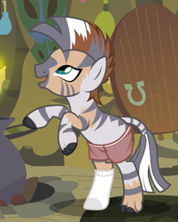 Size: 931x1157 | Tagged: safe, artist:anonymous, zecora, zebra, /mlp/, /ptfg/, bipedal, excited, female, fusing fingers, happy, human to pony, open mouth, open smile, quadrupedal, rearing, shorts, show accurate, smiling, socks, solo, species swap, transformation, transgender transformation, zecora's hut