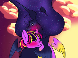 Size: 1920x1440 | Tagged: safe, artist:wolfjawswriter, derpibooru import, princess luna, twilight sparkle, twilight sparkle (alicorn), alicorn, pony, blushing, colored wings, ethereal mane, female, gradient wings, hug, lesbian, mare, shipping, starry mane, sunrise, twiluna, wings