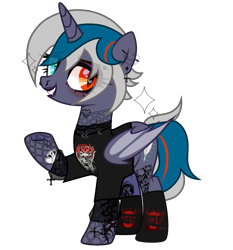 Size: 2121x2280 | Tagged: safe, alternate version, artist:idkhesoff, derpibooru exclusive, derpibooru import, oc, oc only, oc:elizabat stormfeather, alicorn, bat pony, bat pony alicorn, pony, alicorn oc, bat pony oc, bat wings, clothes, ear piercing, earring, edgy, eyebrow piercing, eyeshadow, female, fishnet clothing, goth, grin, heterochromia, horn, jewelry, lip piercing, lipstick, makeup, mare, nose piercing, piercing, raised hoof, raised leg, redesign, shirt, simple background, smiling, socks, solo, t-shirt, tattoo, transparent background, wings