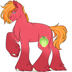 Size: 3000x3000 | Tagged: safe, artist:gingygin, derpibooru import, big macintosh, earth pony, pony, body freckles, chest fluff, freckles, lidded eyes, looking at you, male, missing accessory, raised hoof, raised leg, simple background, smiling, smirk, solo, stallion, unshorn fetlocks, white background