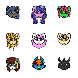 Size: 2000x2000 | Tagged: safe, artist:sorajona, derpibooru import, oc, oc:alpine sunrise, oc:blueberry shine, oc:crystal dust, oc:igni, oc:neorax, oc:sofija, oc:stuffed crust, oc:viescra, oc:virus, changeling, earth pony, griffon, pegasus, pony, unicorn, chibi, cute, food, griffin (character), minimalist, pizza, simple background, transparent background