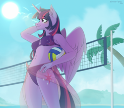 Size: 3000x2631 | Tagged: safe, artist:sinner_png, derpibooru import, twilight sparkle, twilight sparkle (alicorn), alicorn, anthro, beach, belly button, bikini, breasts, clothes, ear fluff, ears, female, outdoors, palm tree, sarong, solo, sports, sun, swimsuit, tree, volleyball, volleyball net