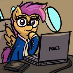 Size: 960x958 | Tagged: safe, artist:ashtoneer, derpibooru import, scootaloo, pegasus, pony, clothes, computer, female, filly, glasses, laptop computer, looking at you, necktie, plane, solo, suit, suit and tie