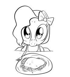 Size: 1840x2000 | Tagged: safe, artist:swagstapiece, derpibooru import, earth pony, pony, bow, female, filly, food, hair bow, looking at you, pasta, spaghetti