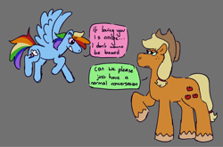 Size: 1280x844 | Tagged: safe, artist:tezzbot, derpibooru import, applejack, rainbow dash, earth pony, pegasus, pony, appledash, dialogue, female, gray background, lesbian, mare, shipping, simple background, size difference, speech bubble