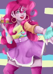 Size: 1448x2048 | Tagged: safe, artist:nnynha_a, derpibooru import, pinkie pie, human, clothes, cupcake, dress, ear piercing, earring, female, fingerless gloves, food, gloves, hooped earrings, humanized, jewelry, piercing, solo