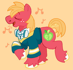 Size: 1249x1200 | Tagged: safe, artist:polycreek, derpibooru import, big macintosh, earth pony, pony, blushing, bowtie, clothes, eyes closed, male, music notes, ponytones outfit, simple background, singing, solo, stallion, sweater, unshorn fetlocks, yellow background