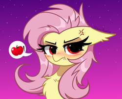 Size: 4006x3239 | Tagged: safe, artist:kittyrosie, derpibooru import, fluttershy, bat pony, pony, angry, apple, bat ponified, blushing, cross-popping veins, cute, digital art, fangs, female, flutterbat, food, madorable, mare, night, race swap, shyabates, shyabetes, solo, thought bubble, tsundere