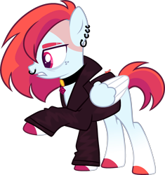 Size: 2028x2160 | Tagged: safe, artist:kurosawakuro, derpibooru import, oc, pegasus, clothes, ear piercing, female, jacket, magical lesbian spawn, mare, nose piercing, offspring, parent:rainbow dash, parent:sonata dusk, piercing, solo