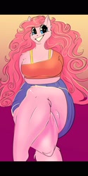 Size: 1080x2160 | Tagged: safe, artist:unfinishedheckery, derpibooru import, pinkie pie, anthro, earth pony, unguligrade anthro, breasts, clothes, crossed legs, digital art, female, looking at you, pinkie pies, shirt, shorts, smiling, smiling at you, solo, tail, thighs, wide hips