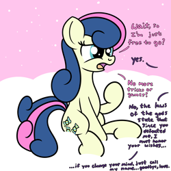 Size: 2000x2000 | Tagged: safe, artist:dafiltafish, derpibooru import, bon bon, sweetie drops, oc, oc:hedone, earth pony, pony, comic:day by day, confused, dialogue, out of frame, text