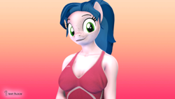 Size: 3840x2160 | Tagged: safe, artist:seriff-pilcrow, derpibooru import, oc, oc only, oc:lacuna, anthro, earth pony, 3d, bust, clothes, disguise, disguised changeling, dress, freckles, nexgen, ponytail, simple background, smiling, solo, source filmmaker