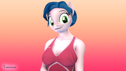 Size: 3840x2160 | Tagged: safe, alternate version, artist:seriff-pilcrow, derpibooru import, oc, oc only, oc:lacuna, anthro, earth pony, 3d, bun, bust, clothes, disguise, disguised changeling, dress, freckles, nexgen, simple background, smiling, solo, source filmmaker