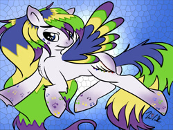 Size: 1024x768 | Tagged: safe, artist:itsteriyaki, derpibooru import, oc, oc only, oc:riftonic, pegasus, pony, abstract background, chest fluff, geometric background, long mane, long tail, male, music notes, smiling, solo, spread wings, stallion, wingding eyes, wings