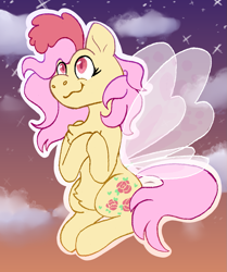 Size: 1085x1300 | Tagged: safe, artist:apatheticxaddict, derpibooru import, rosedust, flutter pony, pony, g1, chest fluff, cloud, colored pupils, fairy wings, female, floating, not fluttershy, smiling, solo, stars, transparent wings, wings