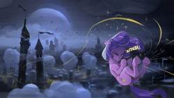 Size: 1600x901 | Tagged: safe, artist:icychamber, derpibooru import, screwball, earth pony, pony, city, cityscape, cutie mark, destruction, flying, magic, moon, night, sneezing, solo