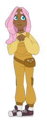 Size: 376x959 | Tagged: safe, artist:pastelopal, derpibooru import, fluttershy, human, bag, choker, clothes, converse, cute, dark skin, fanny pack, female, humanized, overalls, shoes, shyabetes, simple background, sneakers, socks, solo, sweater, sweatershy, transparent background